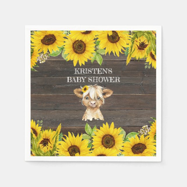 Rustic Sunflower Highland Cow Baby Shower Napkins (Front)