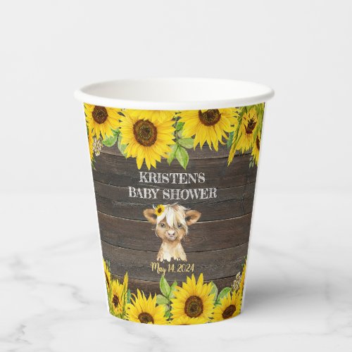 Rustic Sunflower Highland Cow Baby Shower Paper Cups