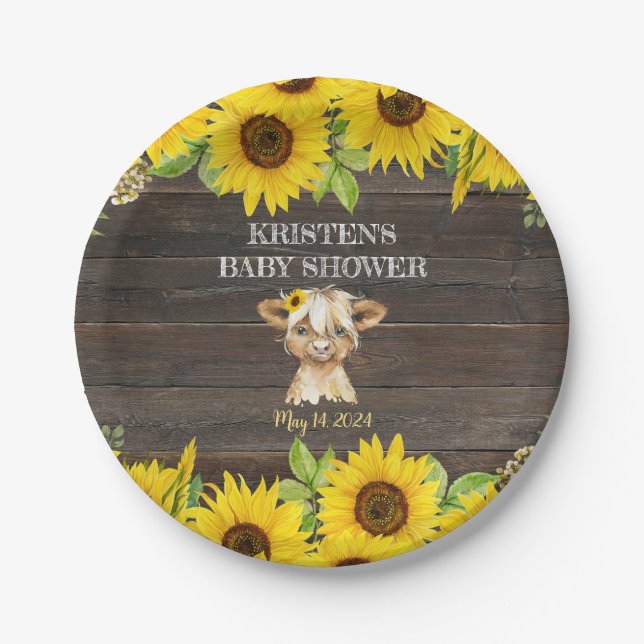 Rustic Sunflower Highland Cow Baby Shower Paper Plates (Front)
