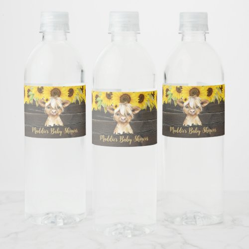 Rustic Sunflower Highland Cow Baby Shower Water Bottle Label