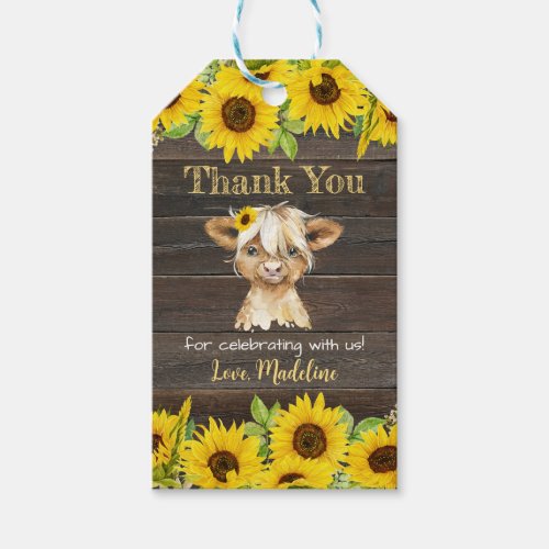 Rustic Sunflower Highland Cow Thank You Favor Gift Tags