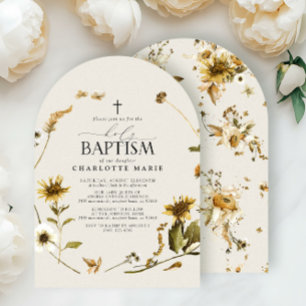 Rustic Sunflower Holy Baptism Modern Script Cross Invitation