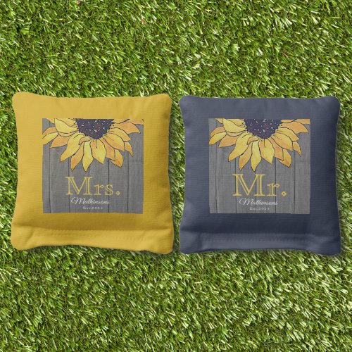 Rustic Sunflower Honey Yellow Navy Blue Monogram Cornhole Bags