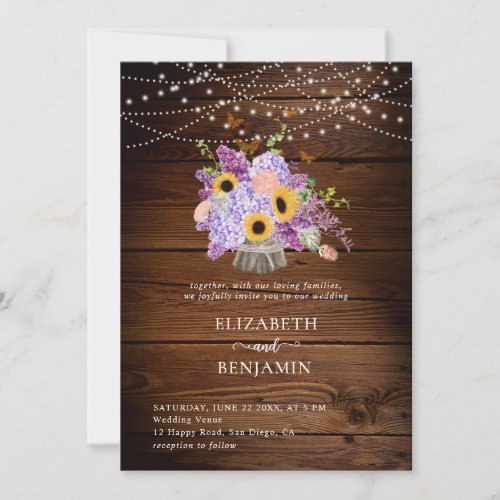 Rustic Sunflower Hydrangea Lilac Wood Chic Wedding Invitation