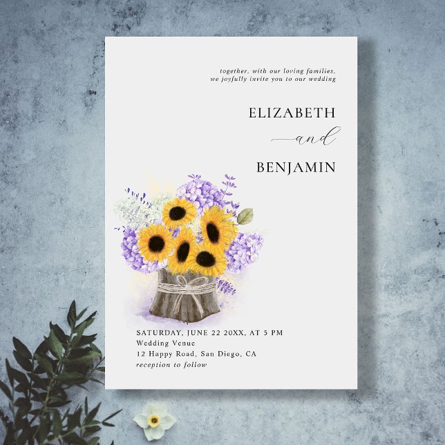 Rustic Sunflower Hydrangea Watercolor Chic Wedding Invitation (Creator Uploaded)