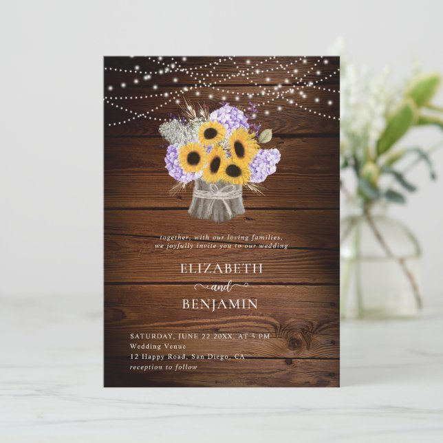 Rustic Sunflower Hydrangea Wood Floral Wedding Invitation (Standing Front)