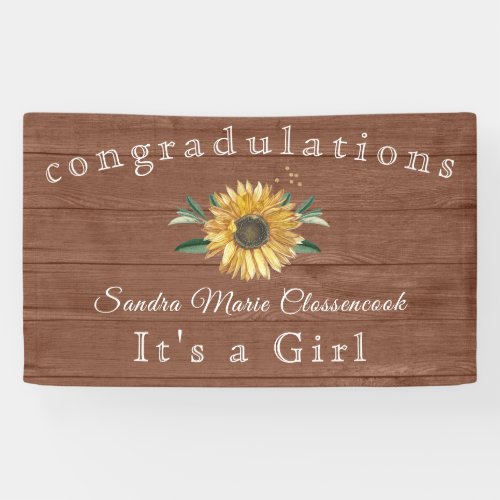 Rustic Sunflower Its a Girl Brown Wood Baby Shower Banner