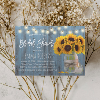 Rustic Sunflower Jar Dusty Blue Wood Bridal Shower Invitation by myinvitation at Zazzle