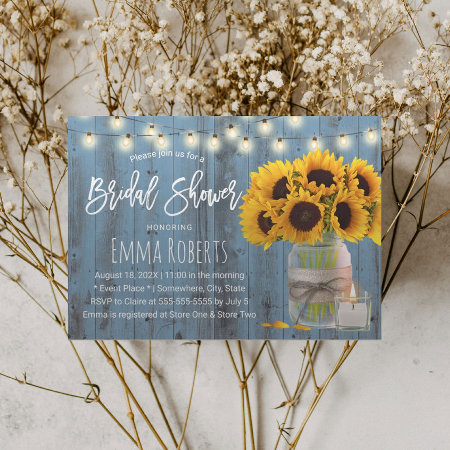 Rustic Sunflower Jar Dusty Blue Wood Bridal Shower Invitation