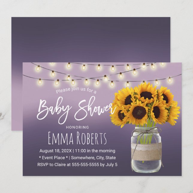 Rustic Sunflower Jar Elegant Purple Baby Shower Invitation (Front/Back)
