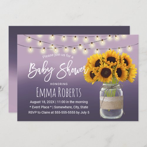 Rustic Sunflower Jar Elegant Purple Baby Shower Invitation