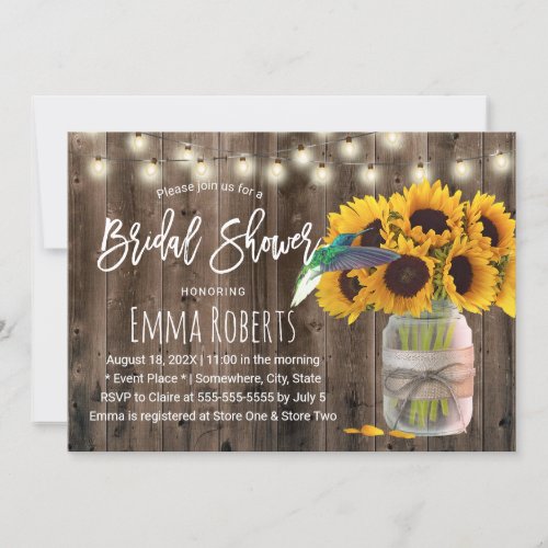 Rustic Sunflower Jar  Hummingbird Bridal Shower Invitation