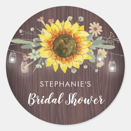 Rustic Sunflower Jar Lights Bridal Shower Classic Round Sticker