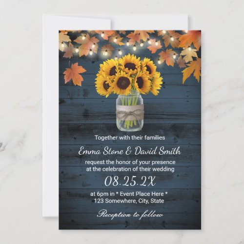 Rustic Sunflower Jar Navy Barn Wood Fall Wedding Invitation