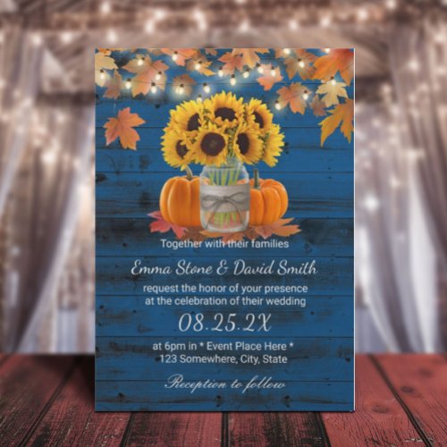 Rustic Sunflower Jar Pumpkins Navy Autumn Wedding Invitation