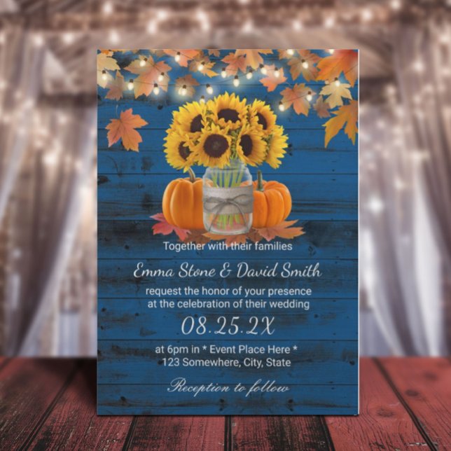 Rustic Sunflower Jar Pumpkins Navy Autumn Wedding Invitation (Creator Uploaded)