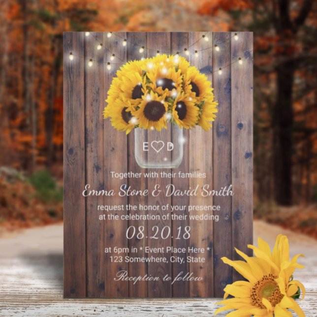 Rustic Sunflower Jar String Lights Barn Wedding Invitation (Creator Uploaded)