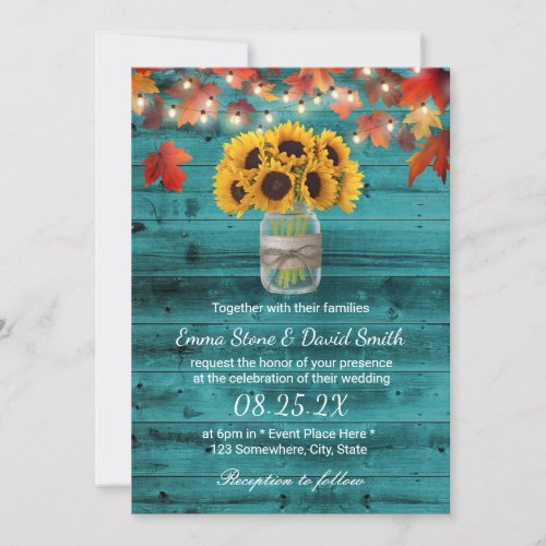 Rustic Sunflower Jar Teal Barn Wood Fall Wedding Invitation