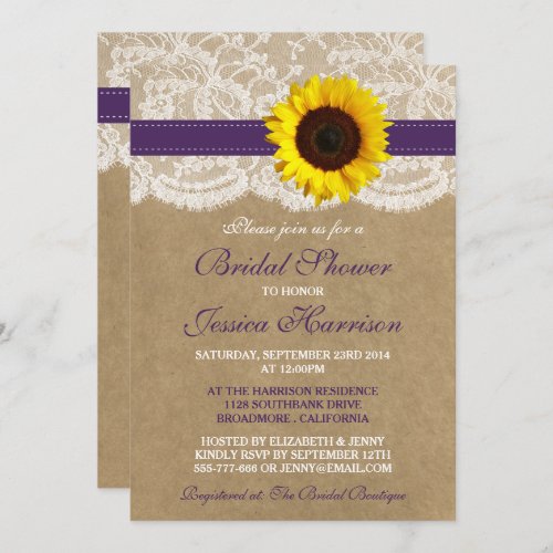 Rustic Sunflower Kraft  Lace Bridal Shower Invitation