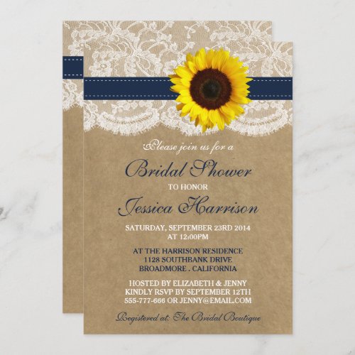 Rustic Sunflower Kraft  Lace Bridal Shower Invitation