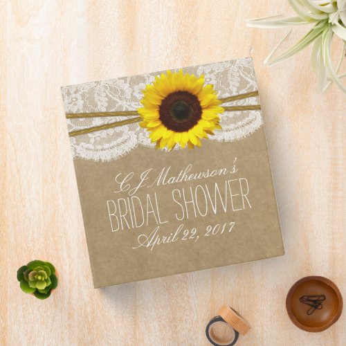 Rustic Sunflower Kraft  Lace Bridal Shower Recipe 3 Ring Binder