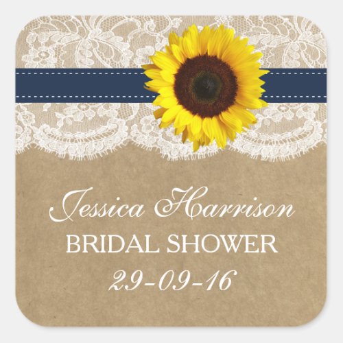 Rustic Sunflower Kraft  Lace Bridal Shower Square Sticker