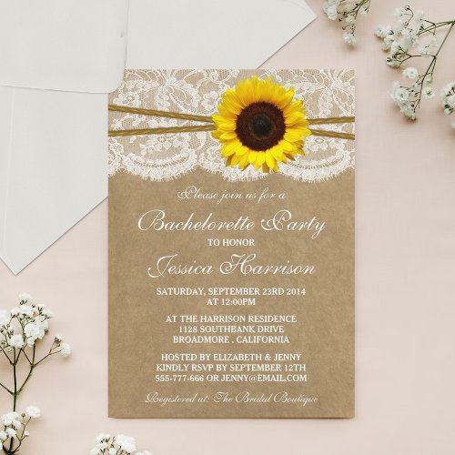 Rustic Sunflower Kraft Lace  Twine Bachelorette Invitation