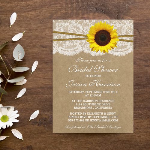 Rustic Sunflower Kraft Lace &amp; Twine Bridal Shower 5x7 Paper Invitation Card