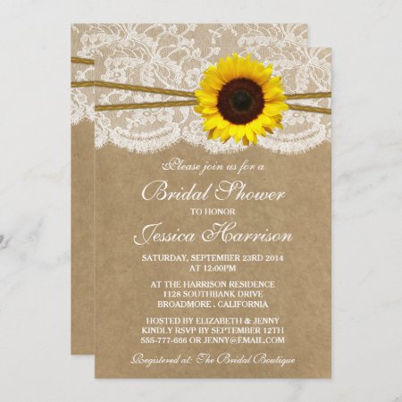 Rustic Sunflower Kraft Lace & Twine Bridal Shower Invitation
