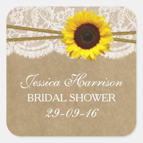 Rustic Sunflower Kraft Lace  Twine Bridal Shower Square Sticker
