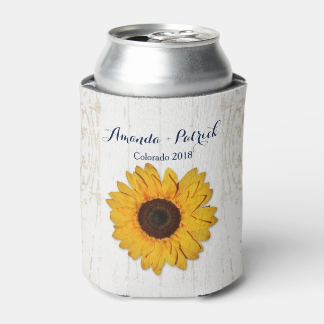 Rustic Sunflower Lace and Burlap Can Cooler Favor. (Can Front)
