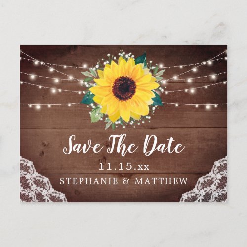 Rustic Sunflower Lace Babys Breath Save The Date Announcement Postcard
