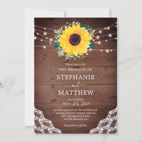 Rustic Sunflower Lace Babys Breath Wedding Invitation