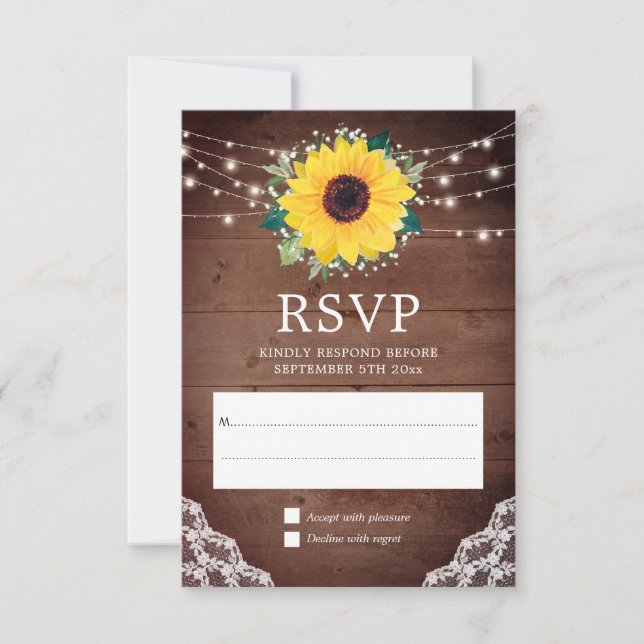 Rustic Sunflower Lace Babys Breath Wedding RSVP Card (Front)
