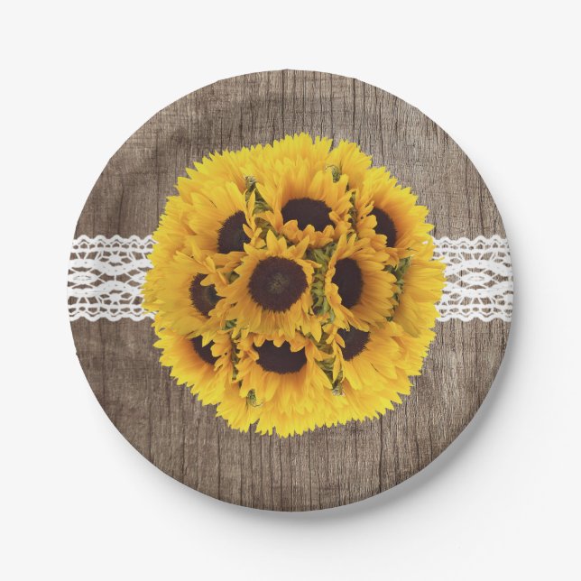 Rustic Sunflower Lace & Barn Wood Elegant Wedding Paper Plates (Front)