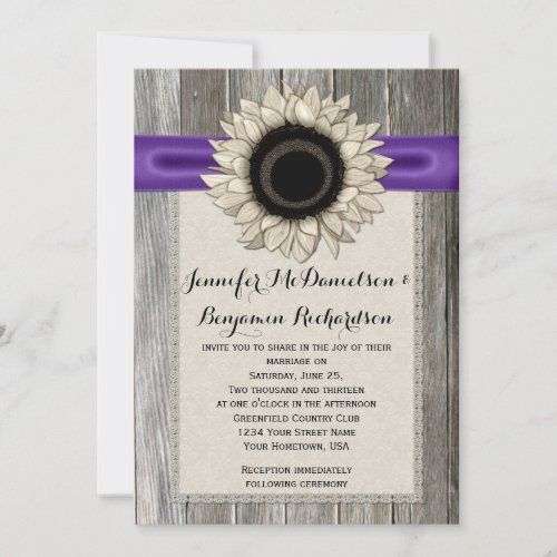 Rustic Sunflower Lace Barn Wood Purple Ribbon Invitation