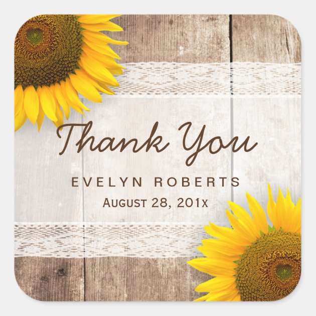 Rustic Sunflower Lace Barn Wood Thank You Square Sticker