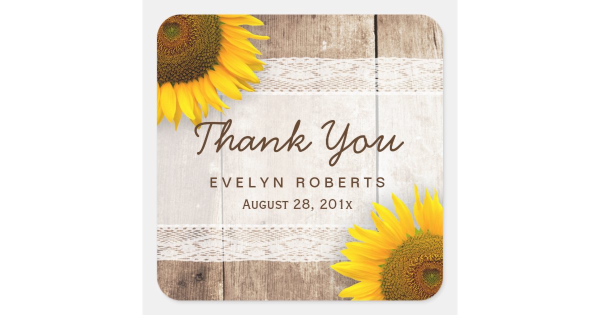 Rustic Sunflower Lace Barn Wood Thank You Square Sticker | Zazzle