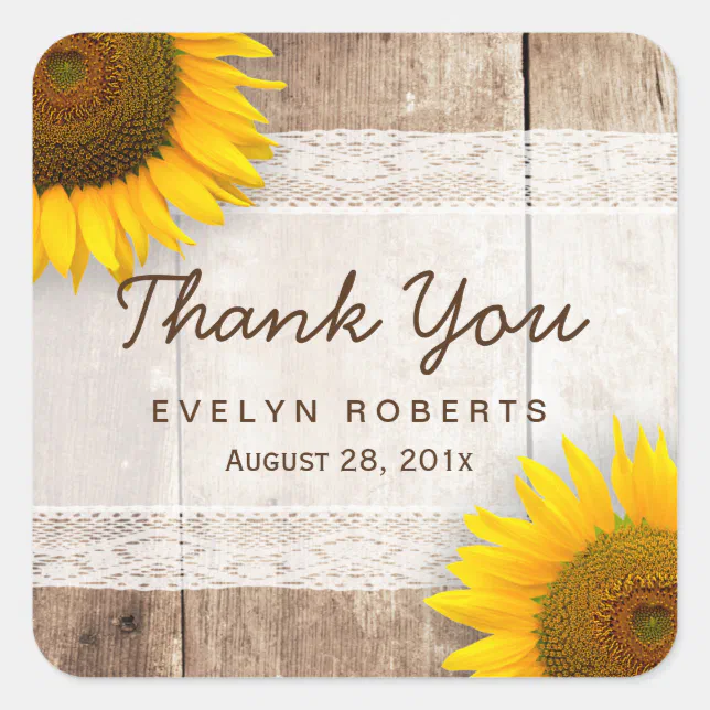 Rustic Sunflower Lace Barn Wood Thank You Square Sticker | Zazzle