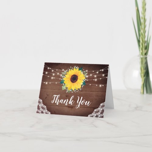 Rustic Sunflower Lace Lights Babys Breath Wedding Thank You Card