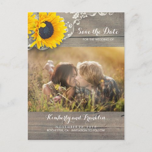 Rustic Sunflower Lace Photo Save the Date Announcement Postcard