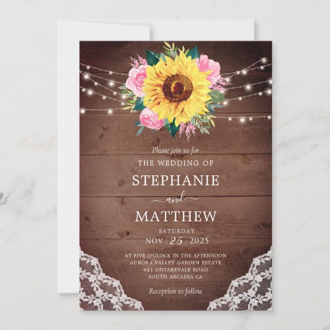 Rustic Sunflower Lace Pink Rose Wedding Invitation (Front)