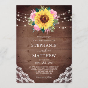 Rustic Sunflower Lace Pink Rose Wedding Invitation