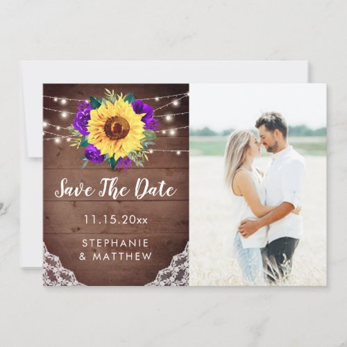 Rustic Sunflower Lace Purple Floral Photo Wedding Save The Date