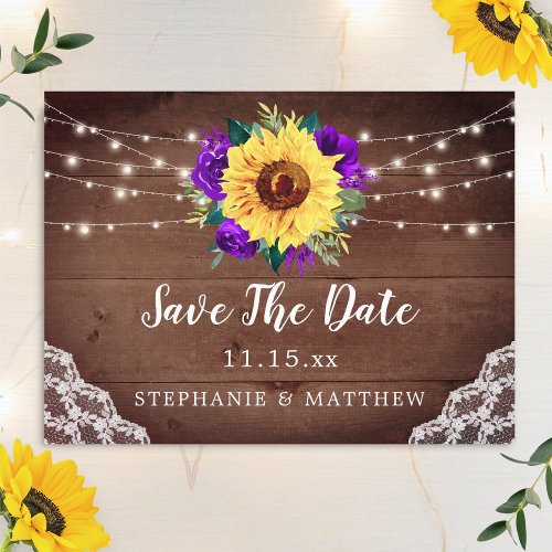 Rustic Sunflower Lace Purple Floral Save The Date Announcement Postcard
