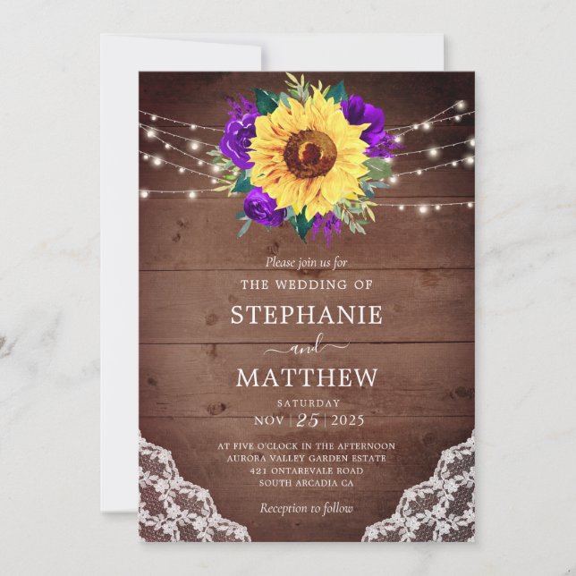 Rustic Sunflower Lace Purple Floral Wood Lights Invitation (Front)