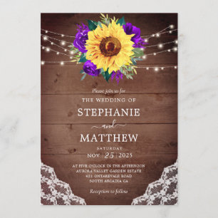 Rustic Sunflower Lace Purple Floral Wood Lights Invitation