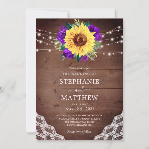 Rustic Sunflower Lace Purple Floral Wood Lights Invitation