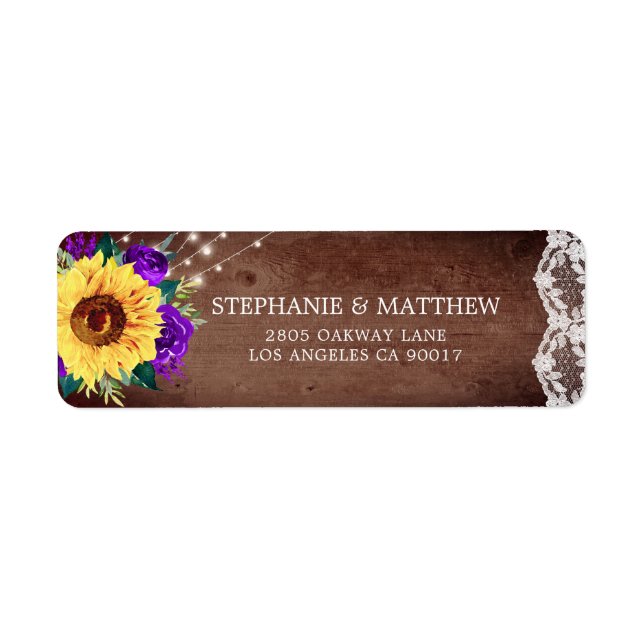 Rustic Sunflower Lace Purple Floral Wood Lights Label (Front)