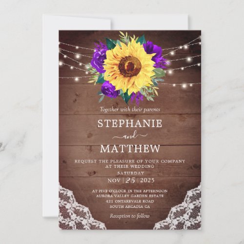 Rustic Sunflower Lace Purple Rose Fall Wedding Invitation